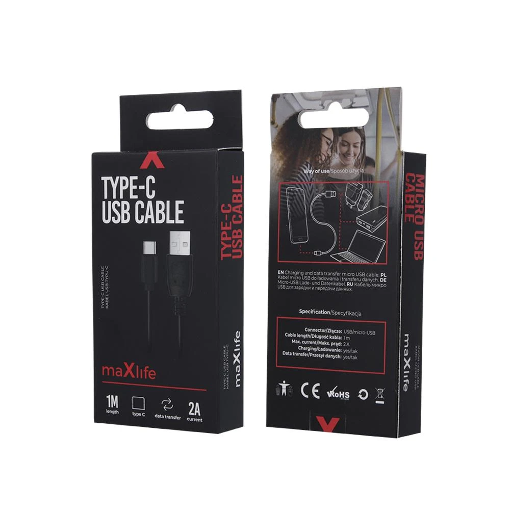 Maxlife laidas USB – microUSB 1,0 m 2A juodas