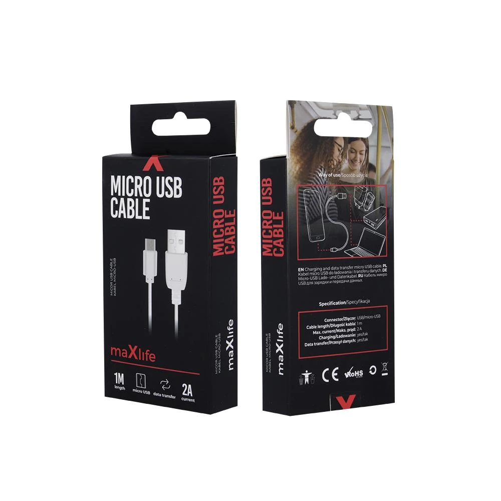 Maxlife laidas USB – microUSB 1,0 m 2A baltas