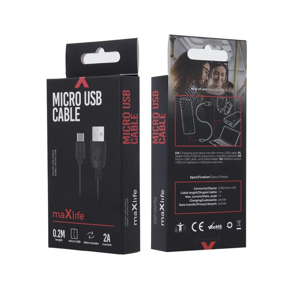 Maxlife laidas USB – USB-C 0,2 m 2A juodas