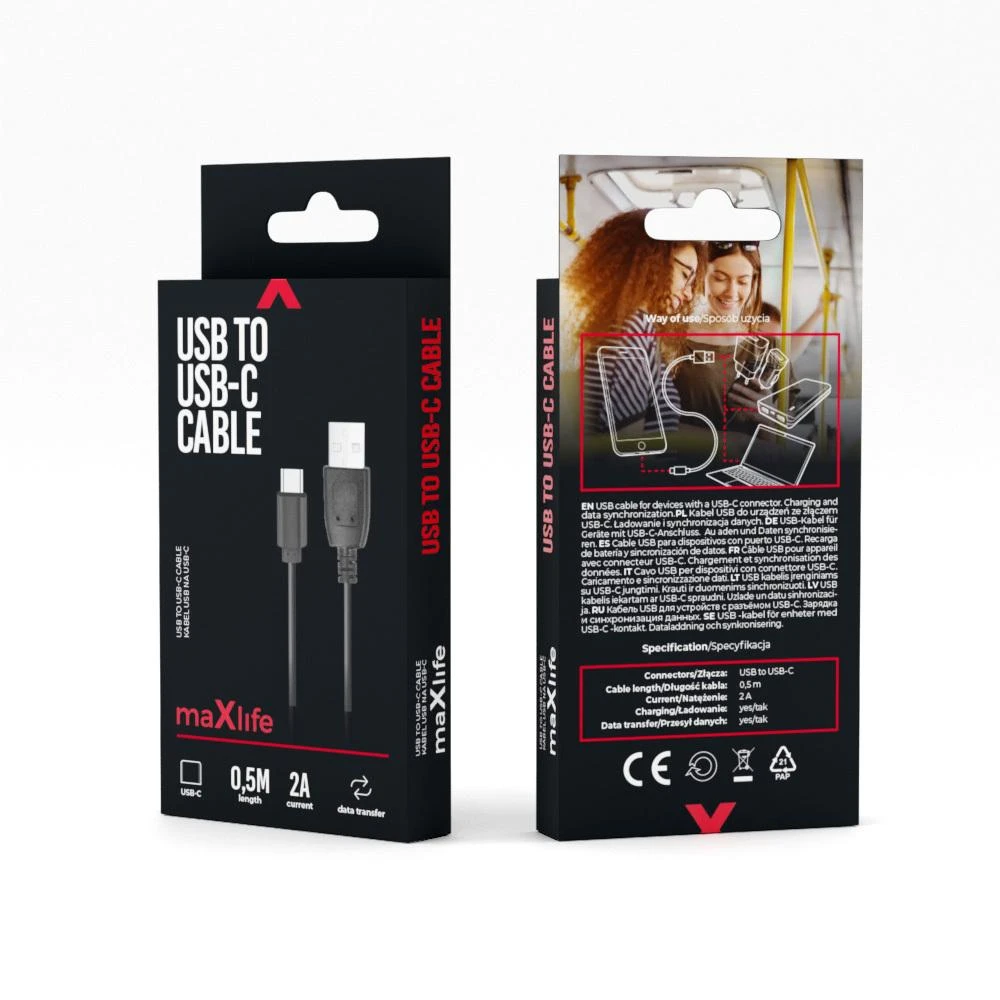 Maxlife laidas USB – USB-C 0,5 m 2A juodas