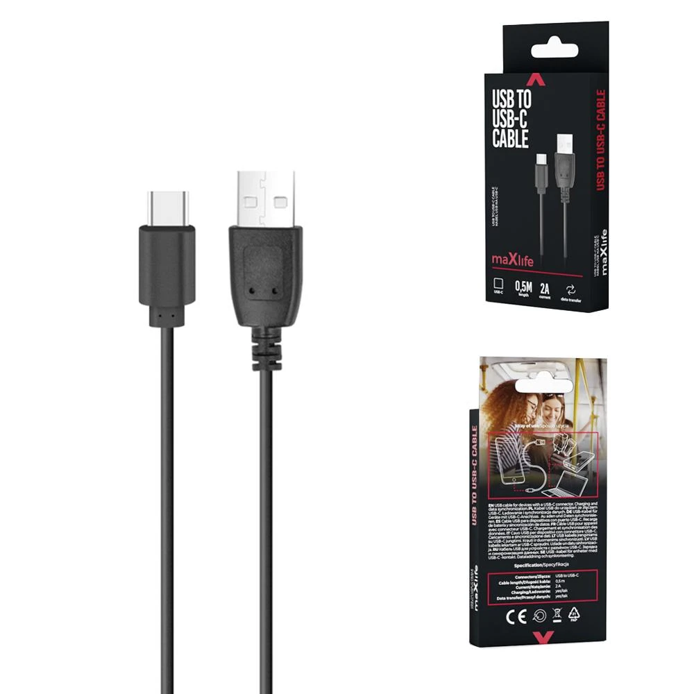 Maxlife laidas USB – USB-C 0,5 m 2A juodas