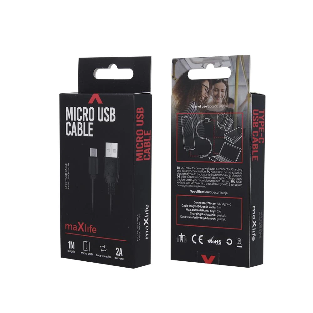 Maxlife USB – USB-C laidas 1,0 m 2A juodas