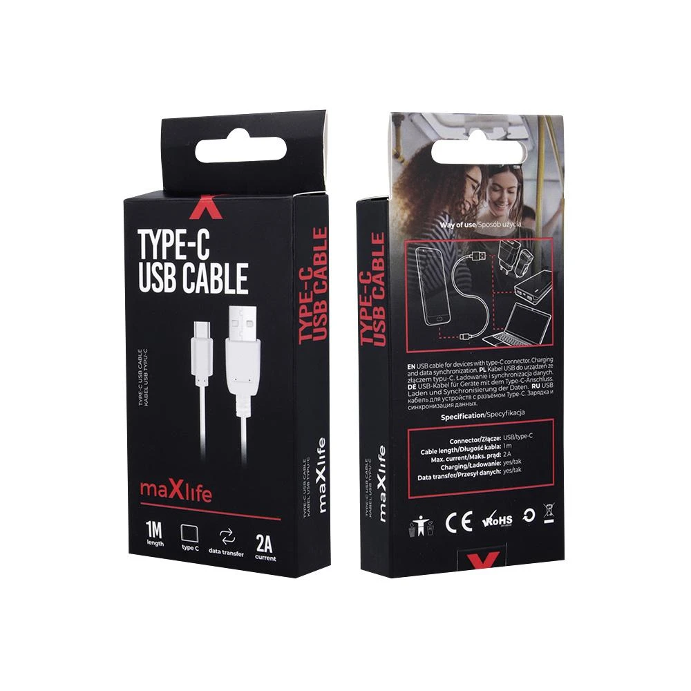 Maxlife laidas USB – USB-C 1,0 m 2A baltas
