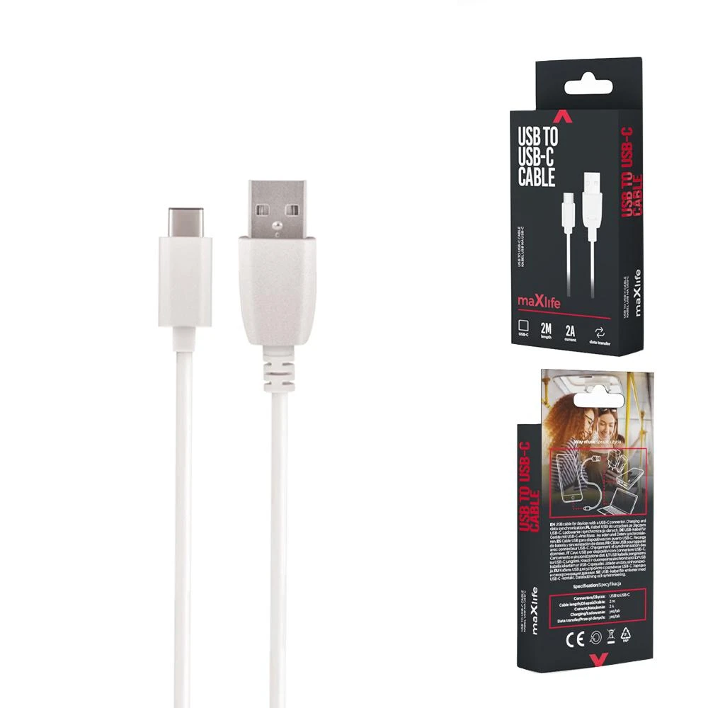 Maxlife laidas USB – USB-C 2,0 m 2A baltas
