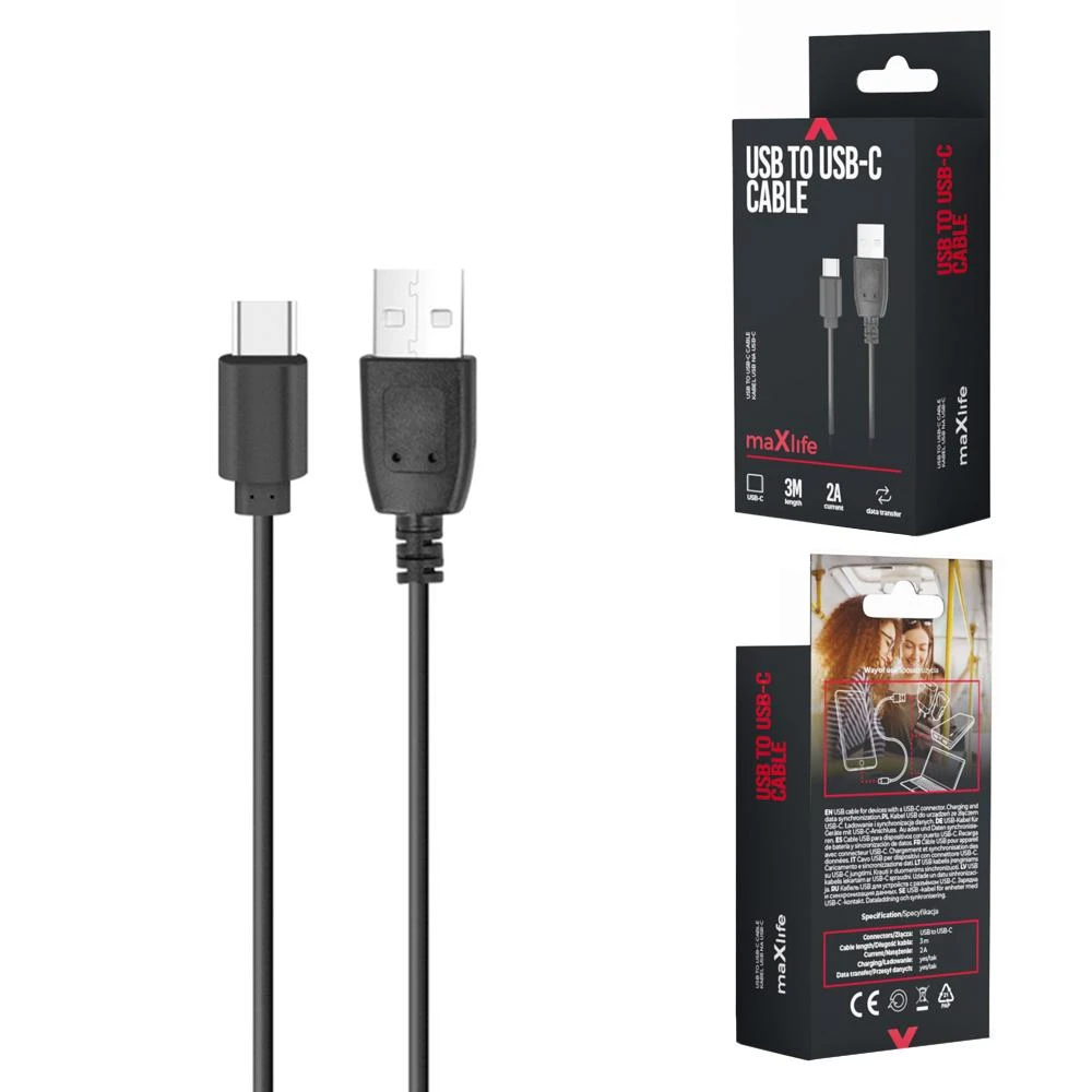 Maxlife laidas USB – USB-C 3,0 m 2A juodas