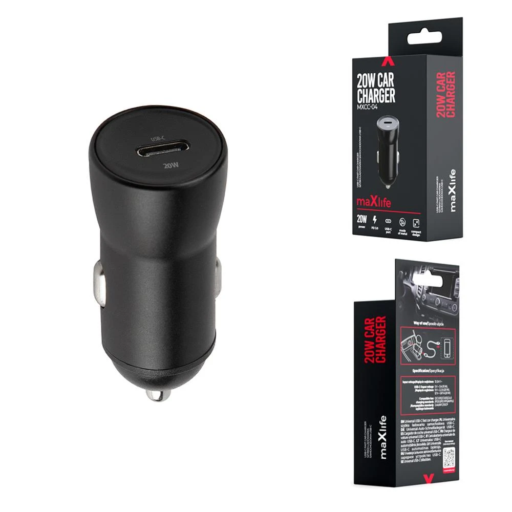 Maxlife MXCC-04 PD QC automobilinis įkroviklis 1x USB-C 20W juodas