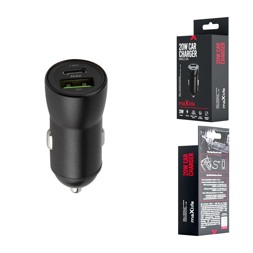 Maxlife MXCC-04 PD QC automobilinis įkroviklis 1x USB-C 1x USB 20W juodas