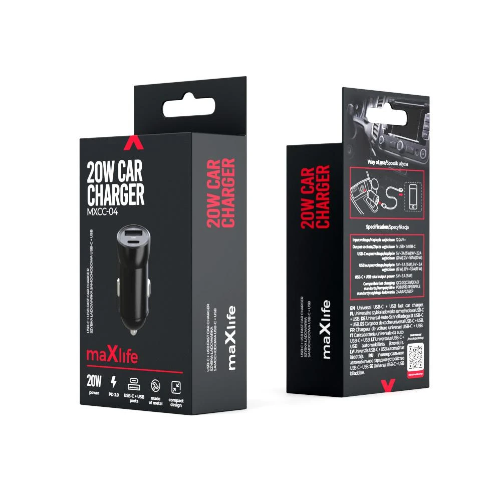 Maxlife MXCC-04 PD QC automobilinis įkroviklis 1x USB-C 1x USB 20W juodas