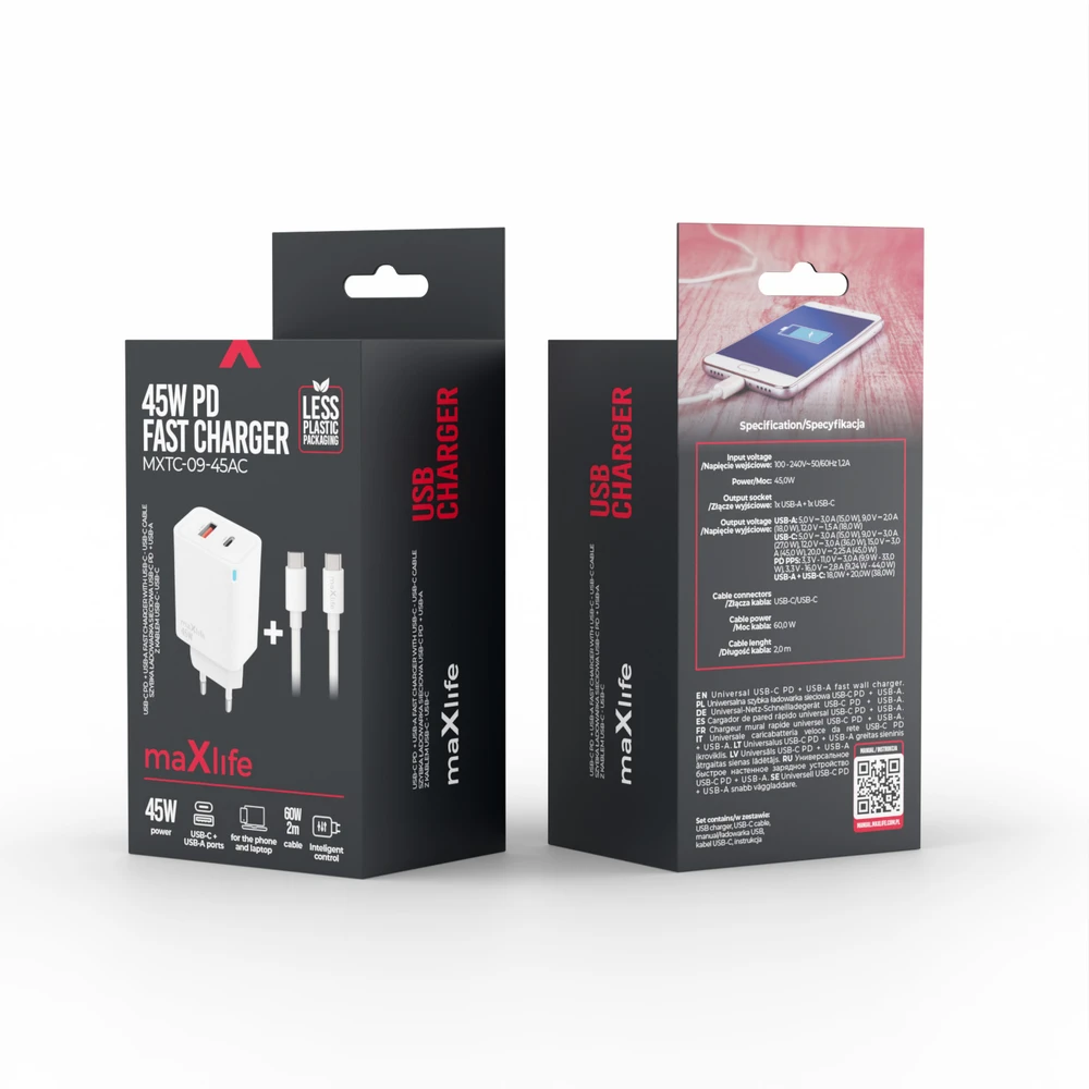 Telforceone Maxlife MXTC-09-45AC PD QC charger 1x USB-C 1x USB 45W baltas + USB-C - USB-C cable 2.0m 60W