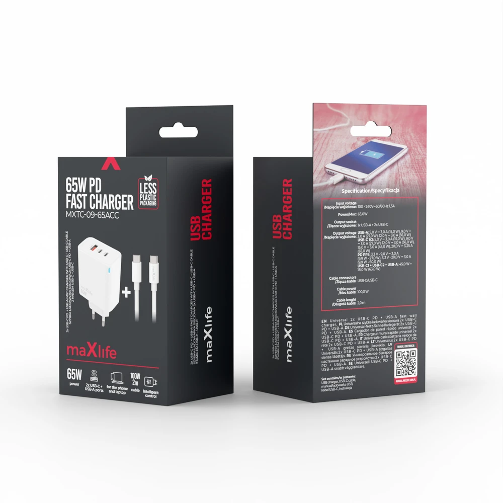 Telforceone Maxlife MXTC-09-65ACC PD QC charger 2x USB-C 1x USB 65W baltas + USB-C - USB-C cable 2.0m 100W