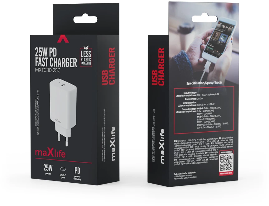 Telforceone Maxlife MXTC-10-25C PD QC charger 1x USB-C 25W baltas