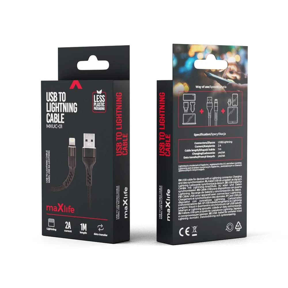 Maxlife MXUC-01 laidas USB – Lightning 1,0 m 2A juodas nailoninis