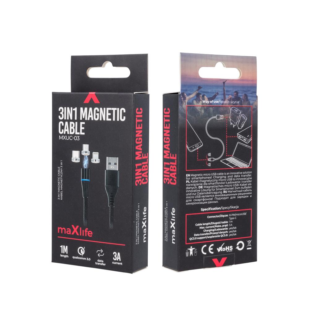 Maxlife MXUC-03 magnetinis laidas USB – Lightning + USB-C + microUSB 1,0 m 3A juodas nailoninis