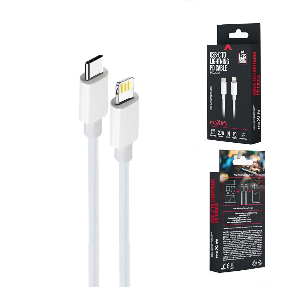 Maxlife MXUC-05 laidas USB-C – Lightning 2,0 m 20W baltas
