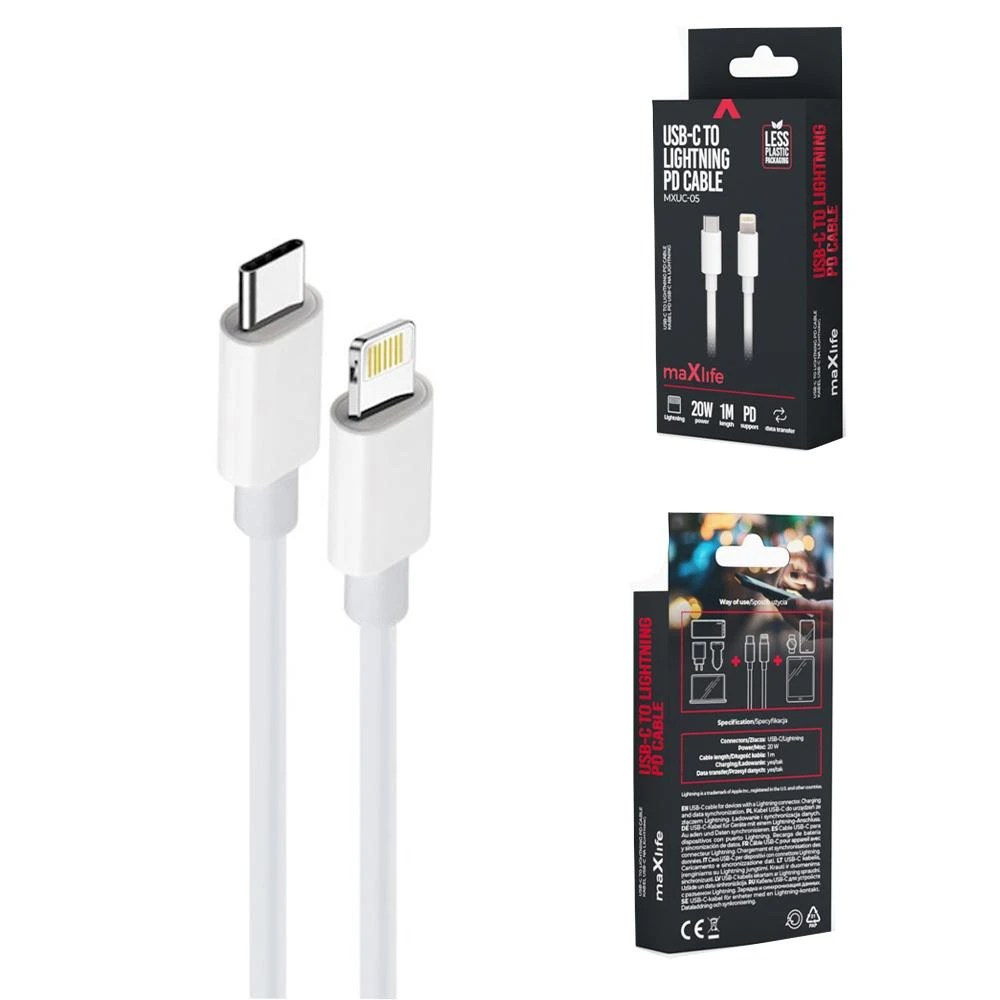 Maxlife MXUC-05 laidas USB-C – Lightning 1,0 m 20W baltas