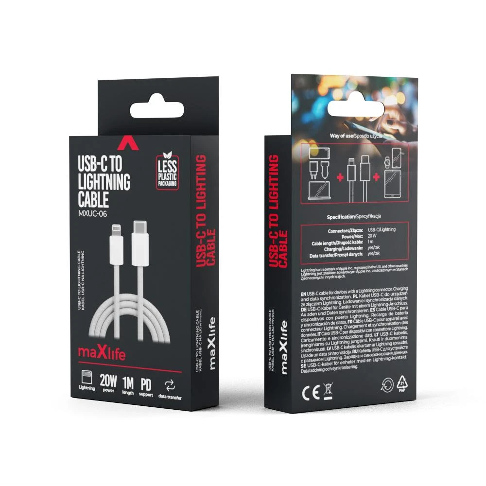 Maxlife MXUC-06 laidas USB-C – Lightning 1,0 m 20W pilkas nailoninis