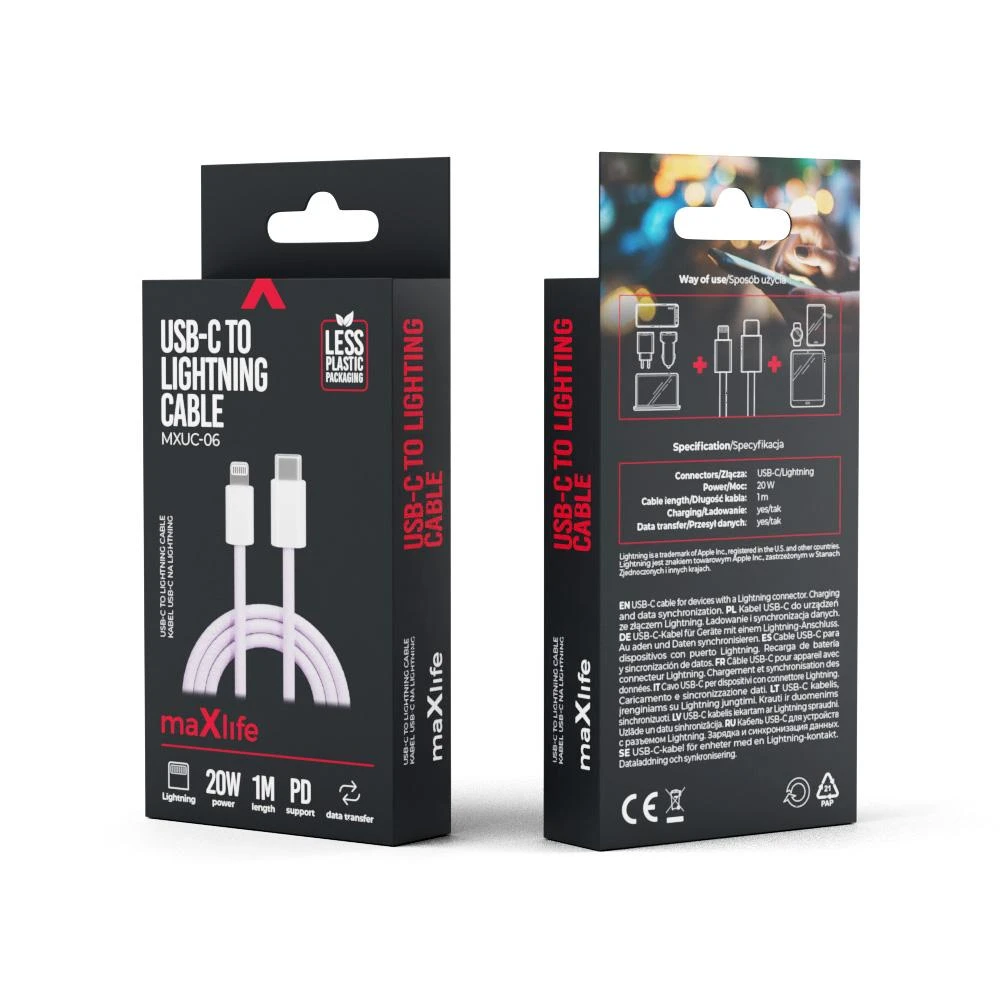 Maxlife MXUC-06 kabelis USB-C - Lightning 1,0 m 20W violetinės spalvos nylon
