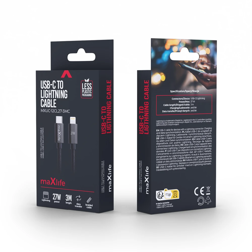 Telforceone Maxlife MXUC-12 cable USB-C - Lightning 3,0 m 27W juodas