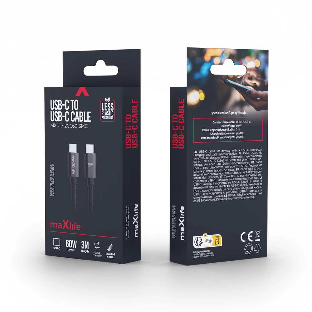 Techonic Telforceone Maxlife MXUC-12 cable USB-C - USB-C 3,0 m 60W juodas