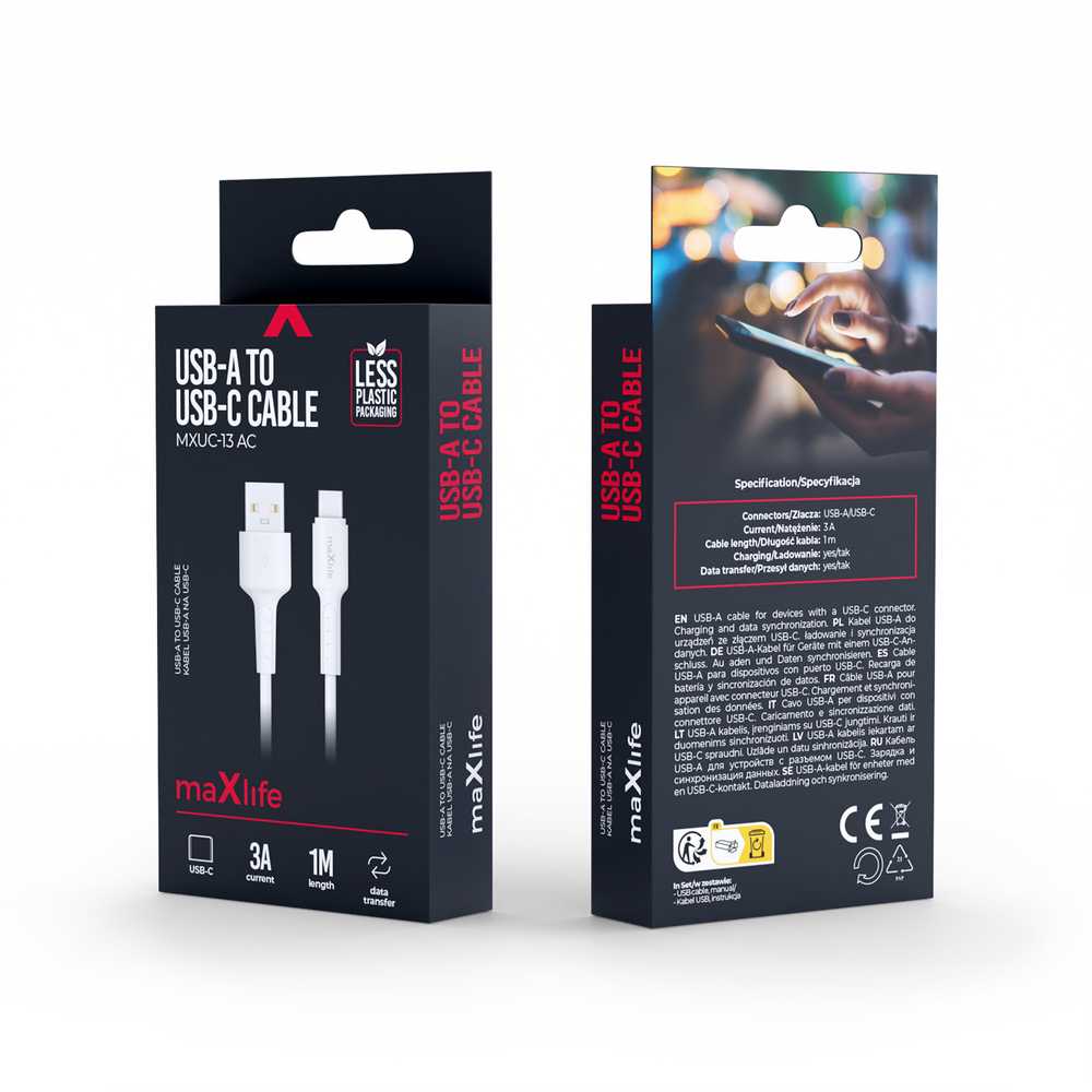 Maxlife MXUC-13 laidas USB-A – USB-C 1,0 m 3A baltas