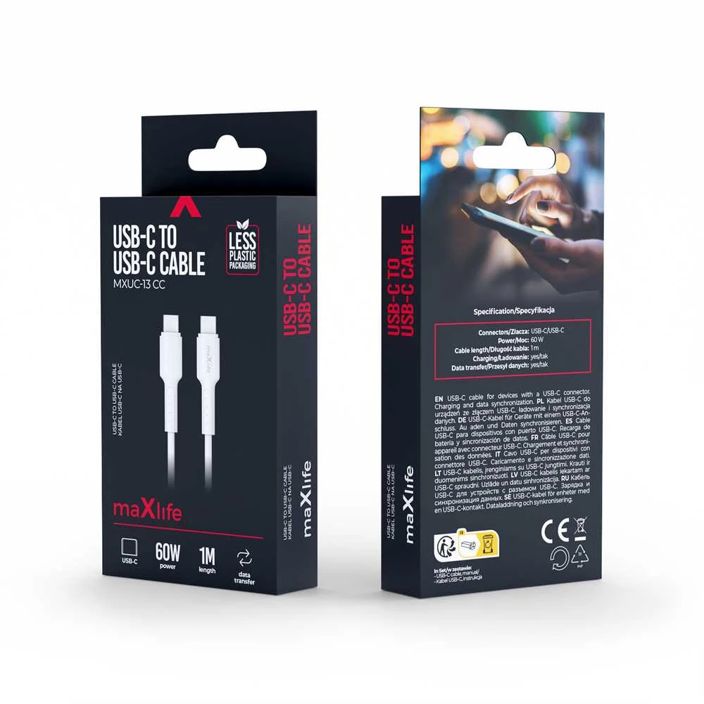 Maxlife MXUC-13 USB-C – USB-C laidas, 1,0 m, 60 W, baltas