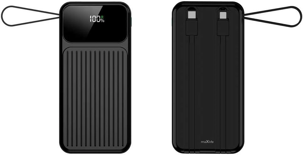 Maxlife išorinė baterija su integruotais laidais MXPB-06 PD QC 22,5W 10000 mAh juoda