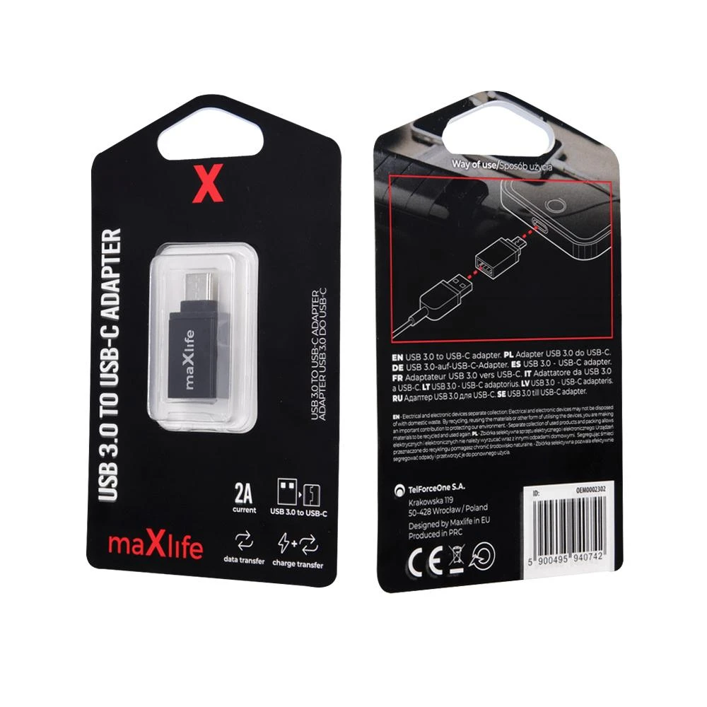 Maxlife USB-C adapteris pakuotėje iš abiejų pusių