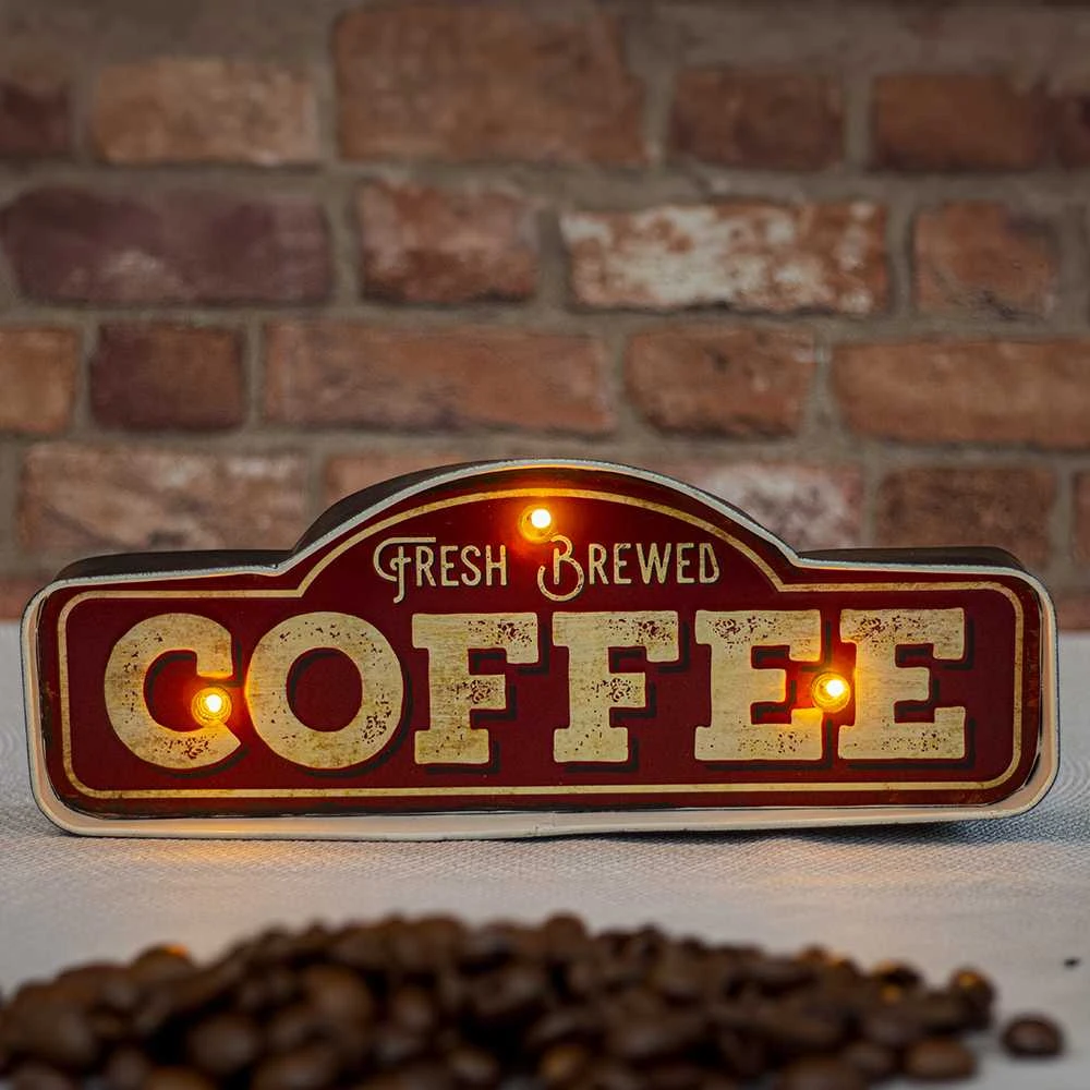 Sieninis šviestuvas TelForceone RETRO Metal Sign LED šviežiai užplikyta kava"Forever" šviesiai