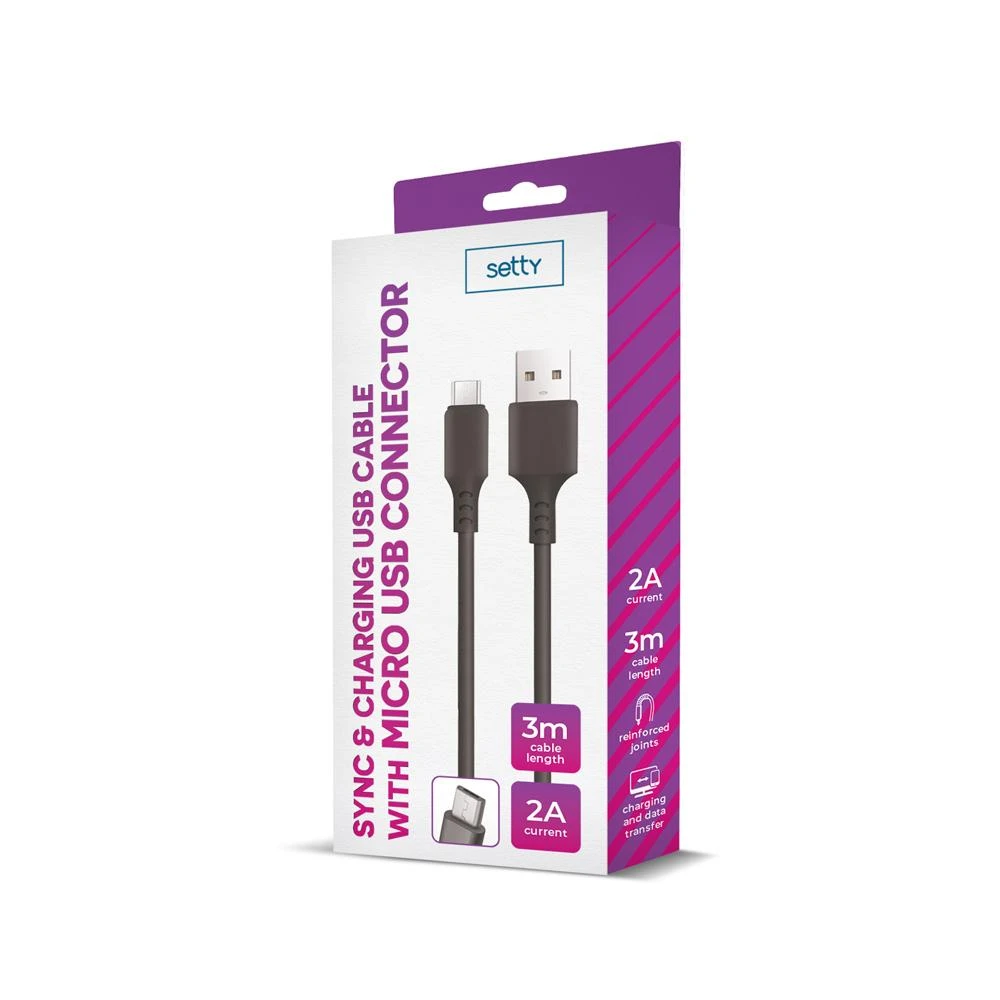 TelForceone Setty kabelis USB - microUSB 3,0 m 2A juodas NAUJIENA