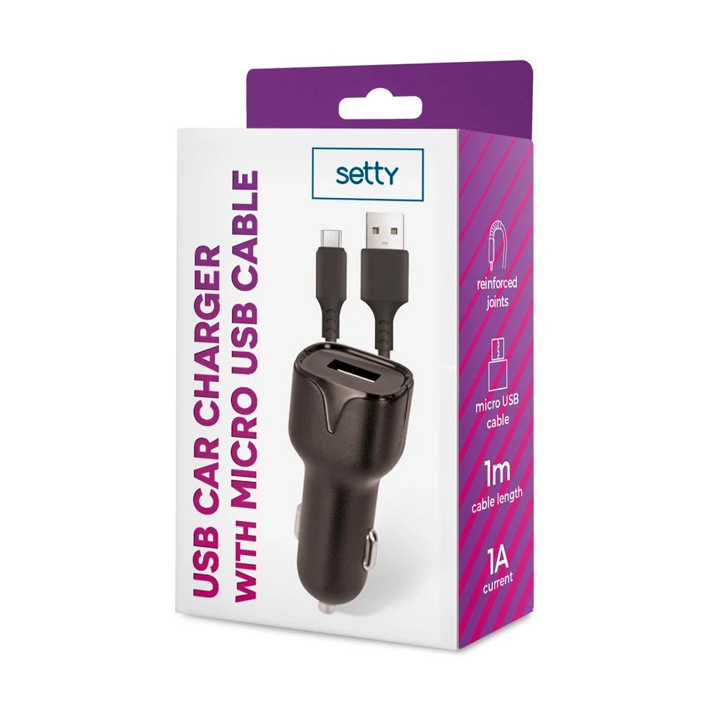 TelForceone "Setty" automobilinis įkroviklis 1x USB 1A juodas + microUSB laidas 1,0 m NAUJIENA