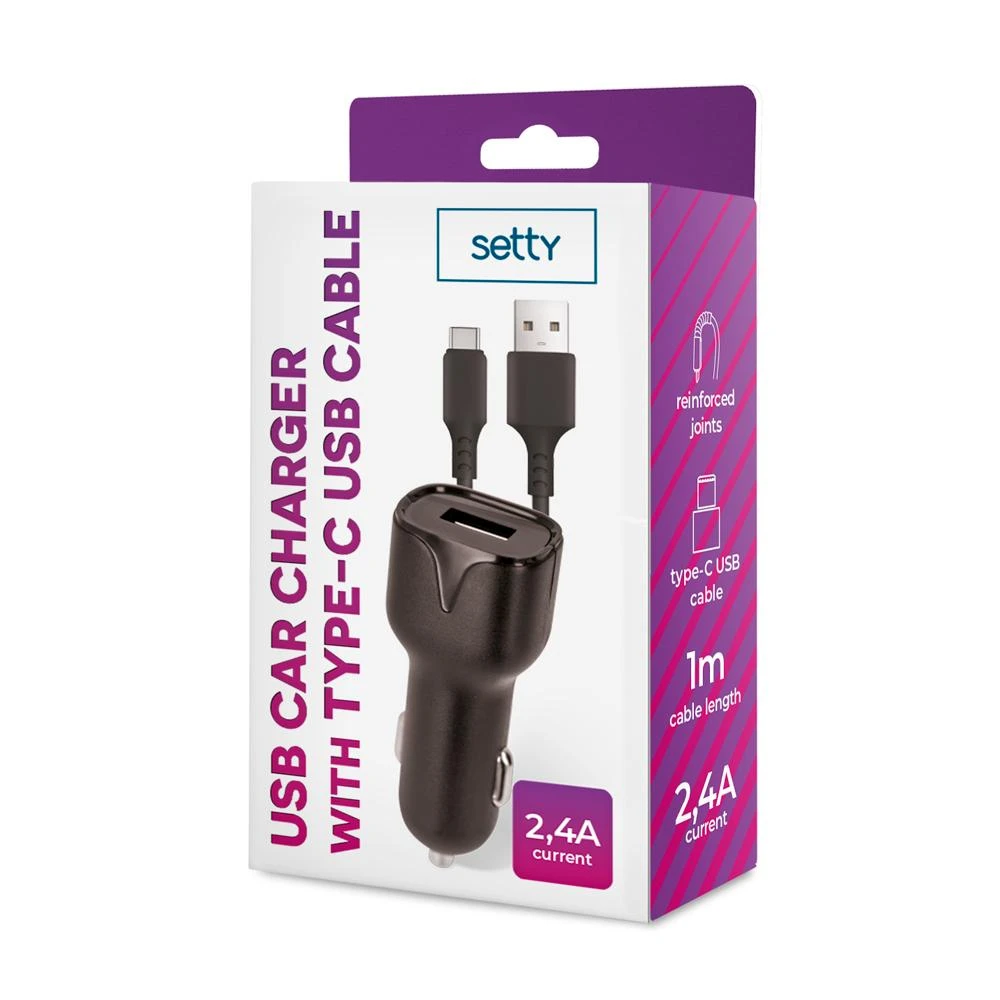 TelForceone "Setty" automobilinis įkroviklis 1x USB 2,4A juodas + USB-C kabelis 1,0 m