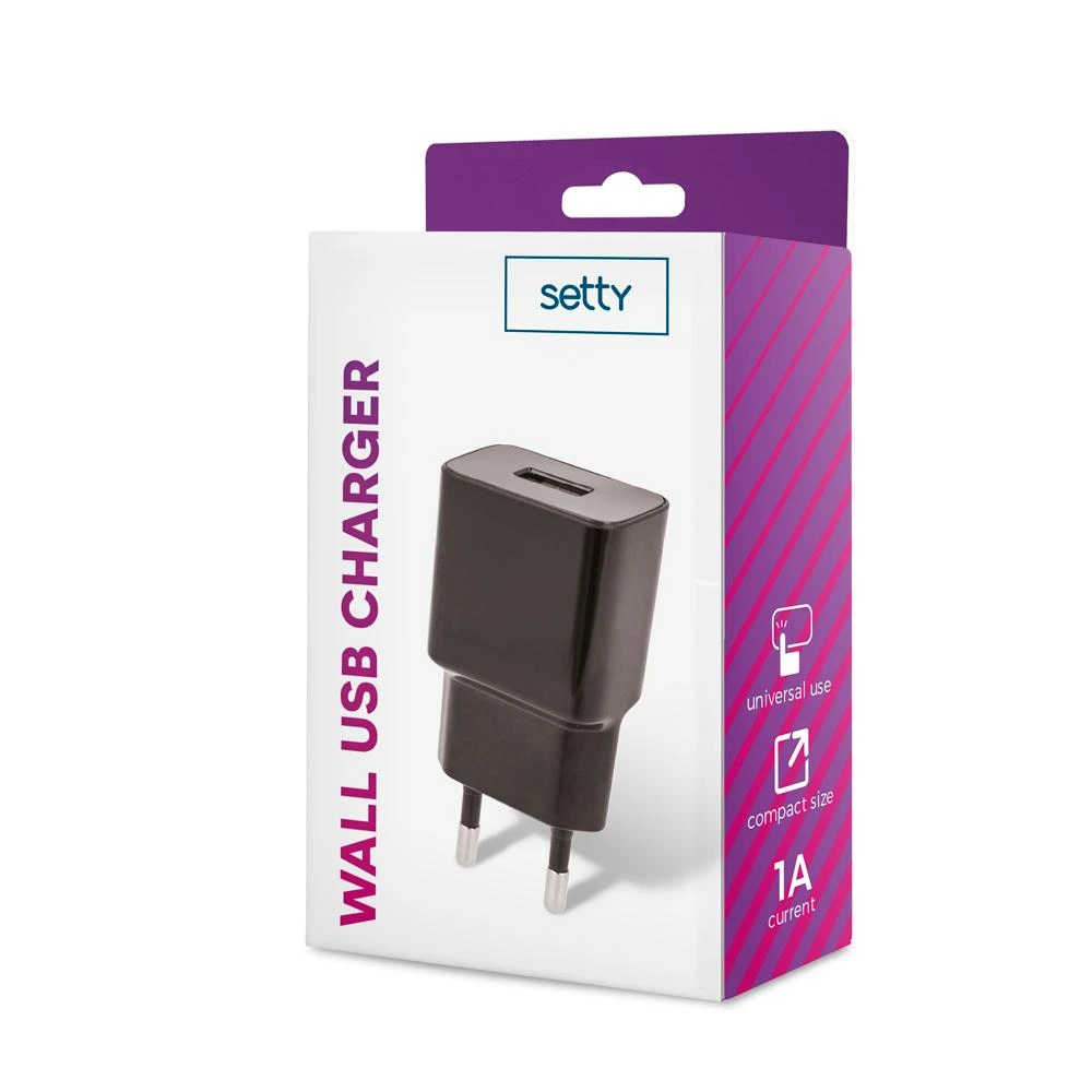 Setty įkroviklis 1x USB 1A juodas
