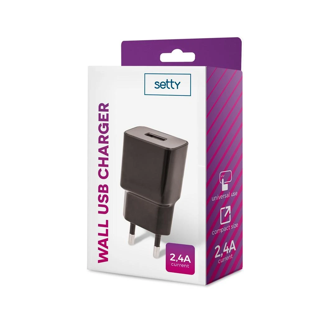 Setty įkroviklis 1x USB 2,4A juodas