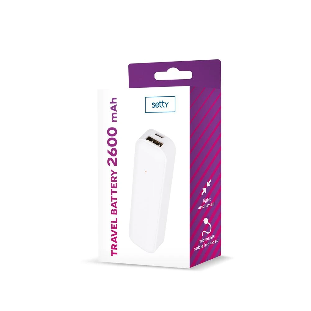 Setty išorinė baterija 2600 mAh mini balta
