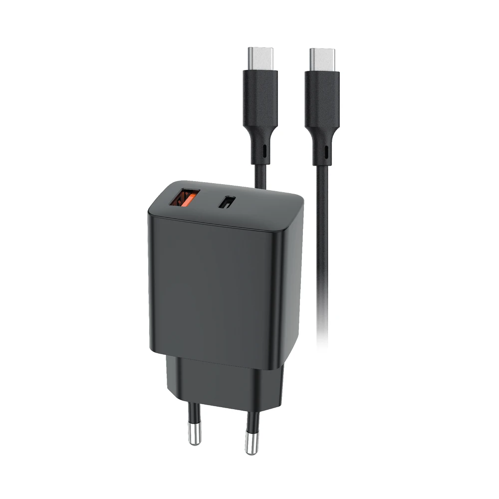 Setty USB-A + USB-C PD/QC 30W sieninis įkroviklis juodas + USB-C laidas 1m RLSK-AC-01 juodas