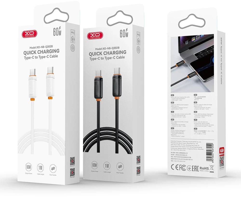 XO laidas NB-Q302B PD USB-C – USB-C 1,0m 60W juodas