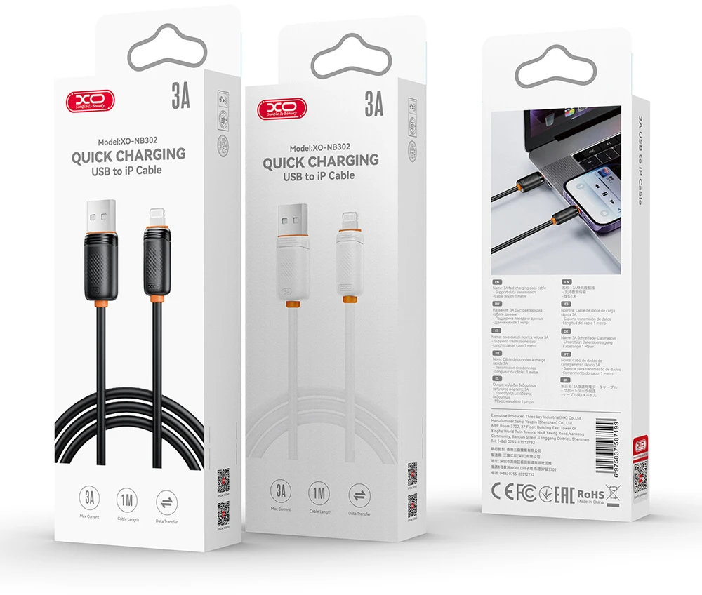 XO laidas NB302 USB – USB-C 1,0m 3A juodas