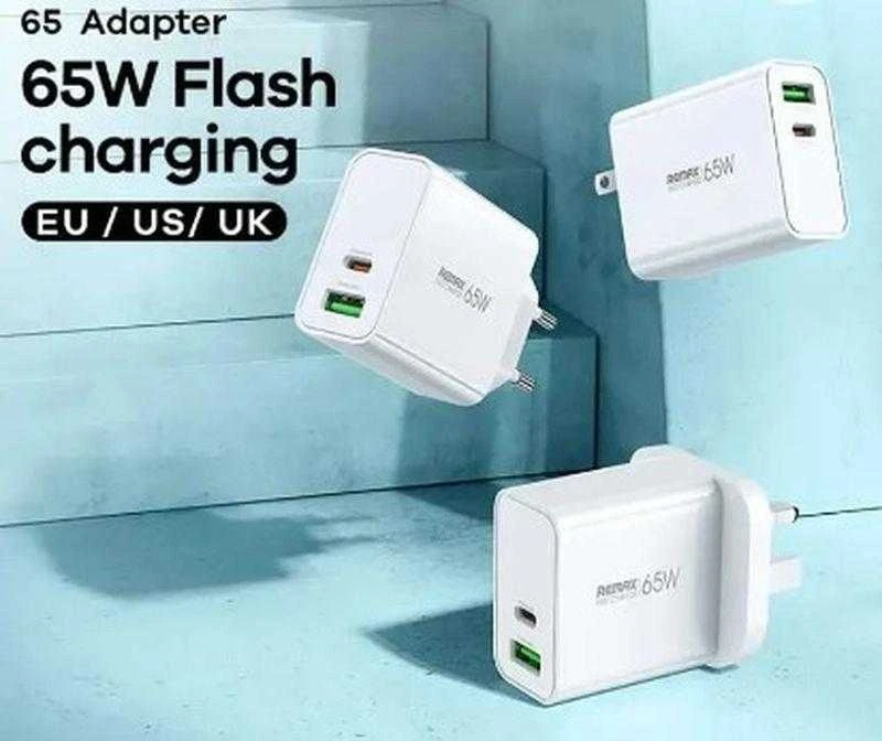 Tinklo įkroviklis 65W USB + USB-C Remax Kiddy Series RP-U125 baltos spalvos