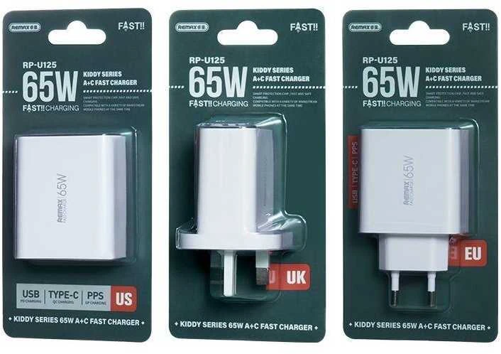 Tinklo įkroviklis 65W USB + USB-C Remax Kiddy Series RP-U125 baltos spalvos