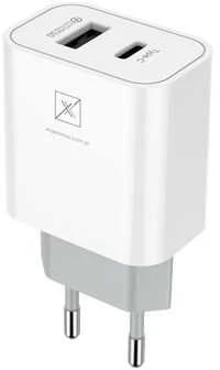 Maxximus Tinklo įkroviklis MX ALFA 20W PD+QC, USB-A+C + kabelis C/C 20W PD, baltos spalvos