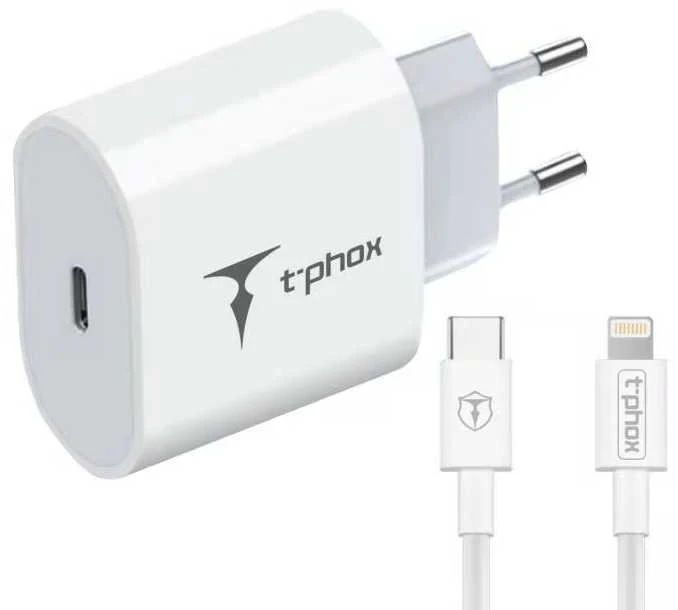 Tinklo įkroviklis T-PHOX ISPEED 20W + kabelis USB-C/lightning baltos spalvos