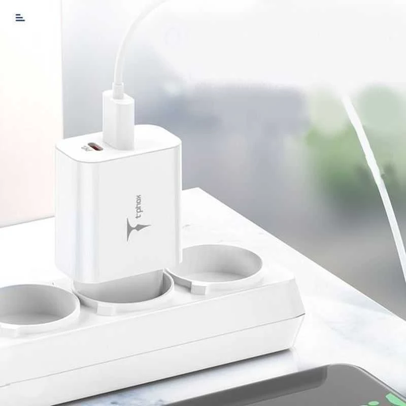 Tinklo įkroviklis T-PHOX SPEEDY USB-C 20W/USB 18W PD QC + KABELIS LIGHTNING 1M baltos spalvos