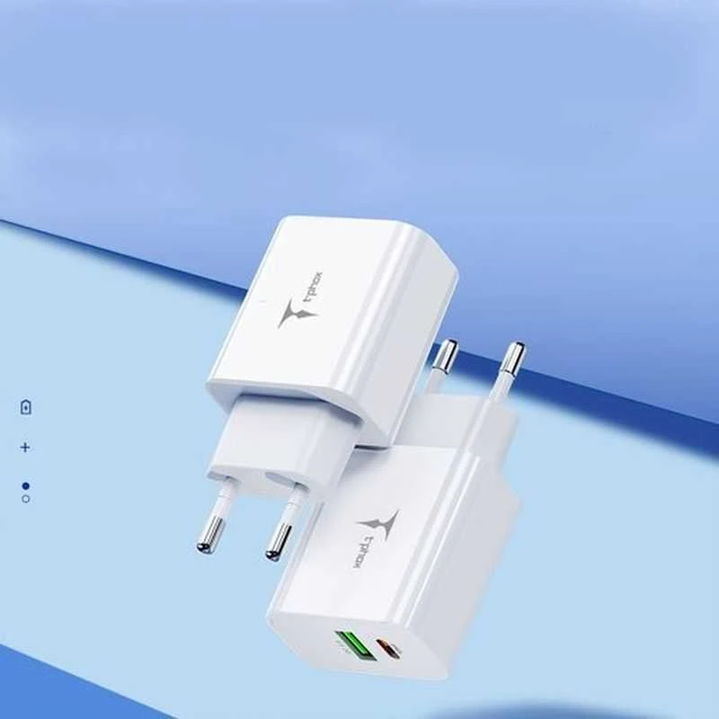 Tinklo įkroviklis T-PHOX SPEEDY USB-C 20W/USB 18W PD QC + KABELIS LIGHTNING 1M baltos spalvos