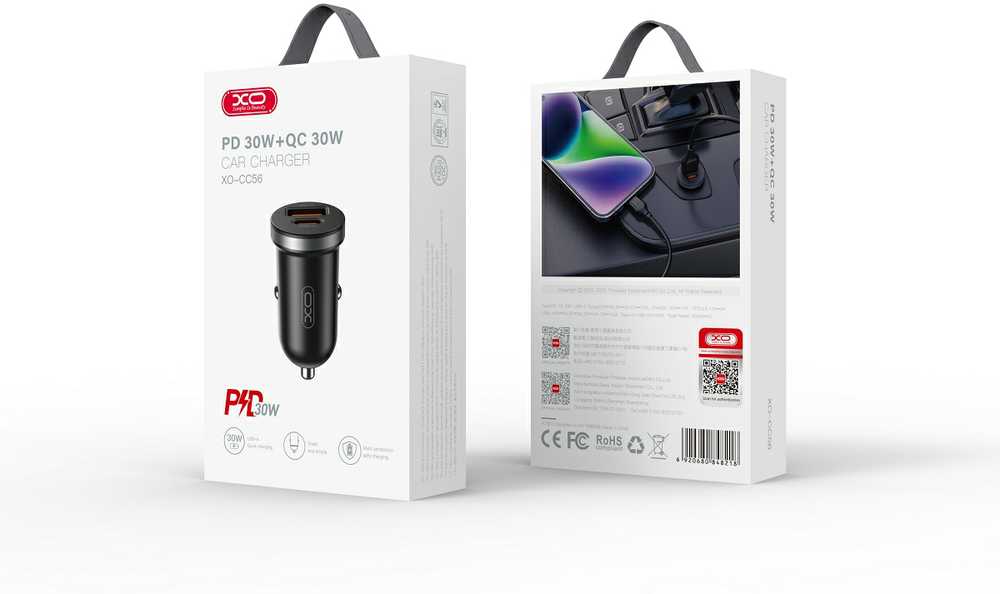 XO automobilinis įkroviklis CC56 PD 30W QC 1x USB 1x USB-C baltas + USB – USB-C laidas