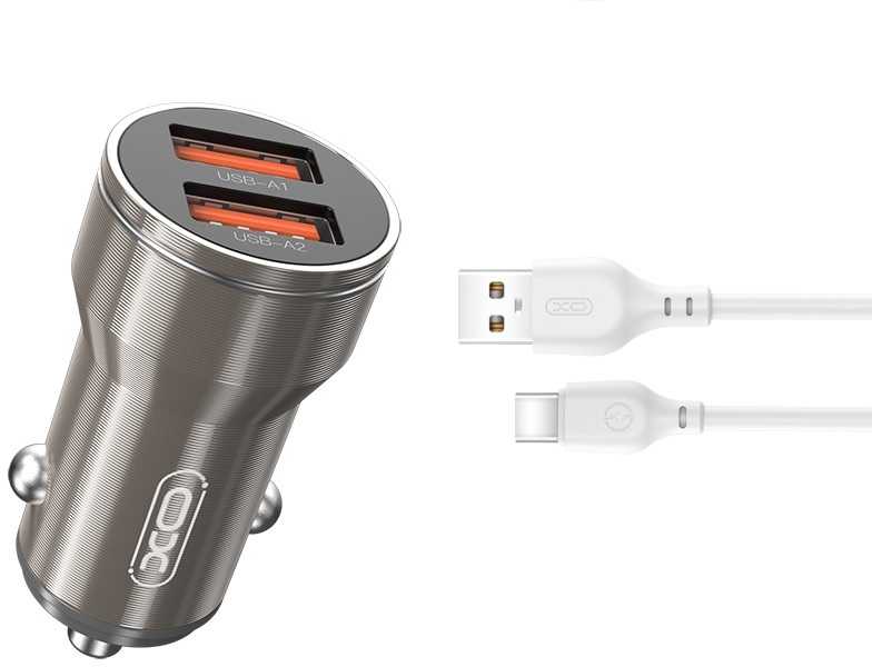 XO automobilinis įkroviklis CC48 2x USB 2,4A juodas + USB-C laidas