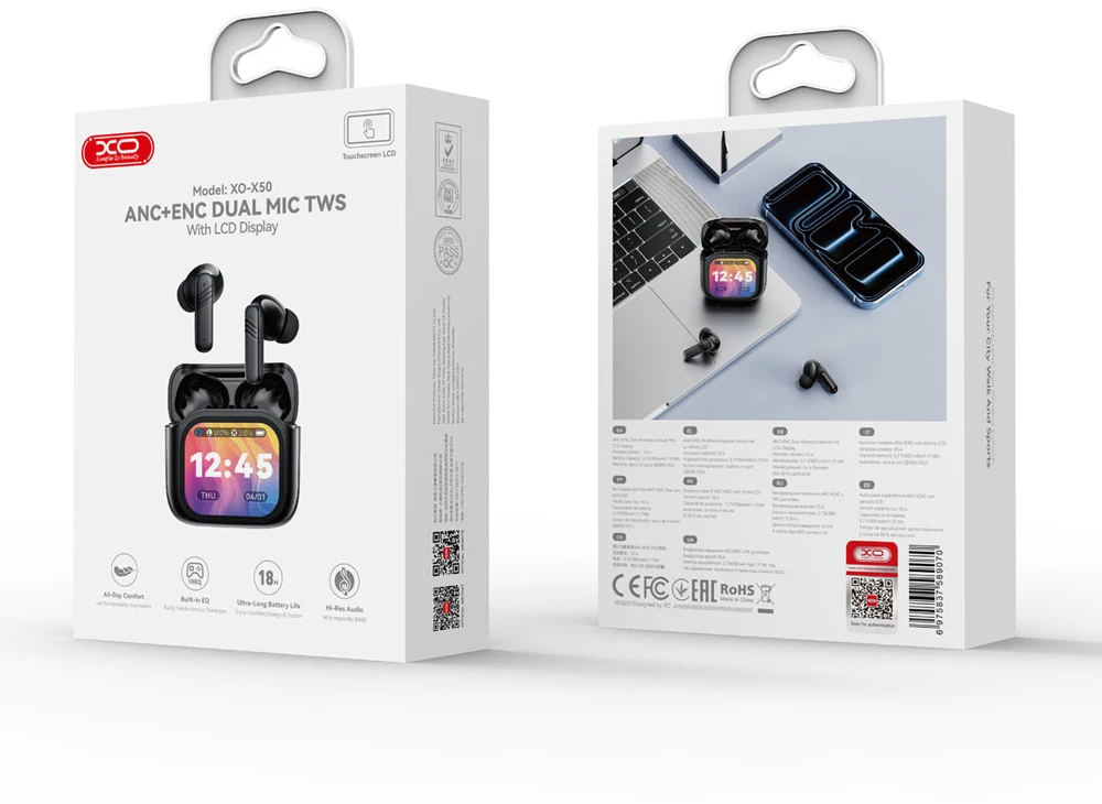XO Bluetooth ausinės X50 TWS LCD juodas ANC + ENC dual mic