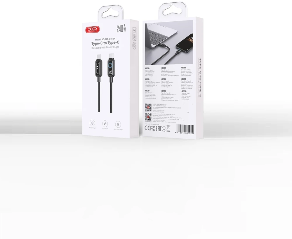 XO cable NB-Q312A PD USB-C - USB-C 1,0m 240W juodas with LED