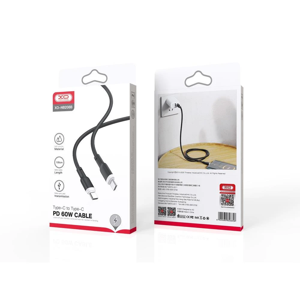 XO kabelis NB208B PD USB-C - USB-C 1,0m 60W baltos spalvos