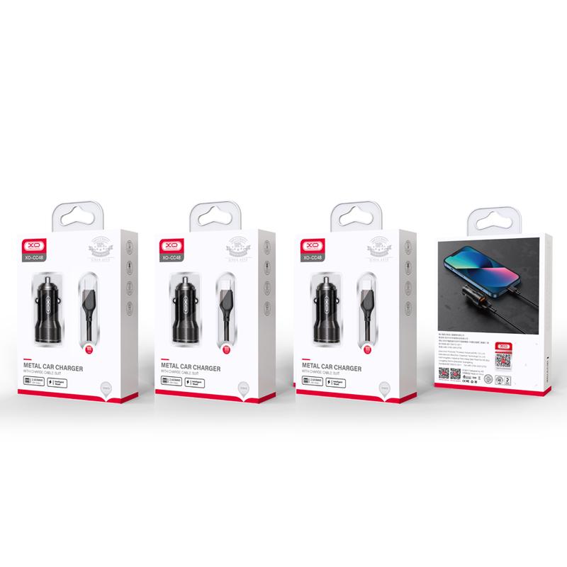 XO automobilinis įkroviklis CC48 2x USB 2,4A juodas + USB-C laidas