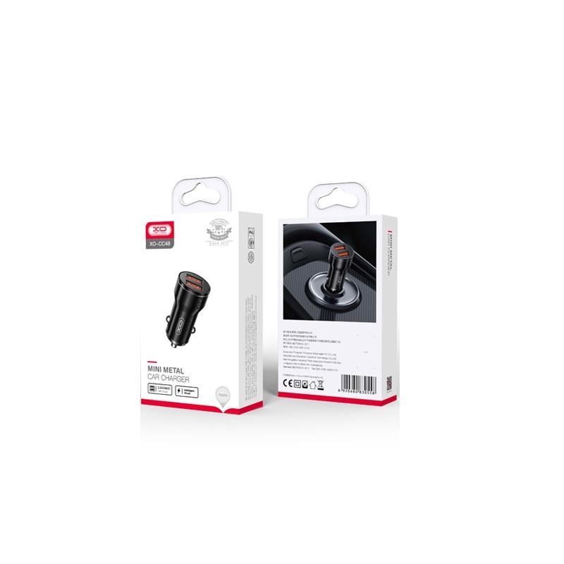 XO automobilinis įkroviklis CC48 2x USB 2,4A juodas + USB-C laidas